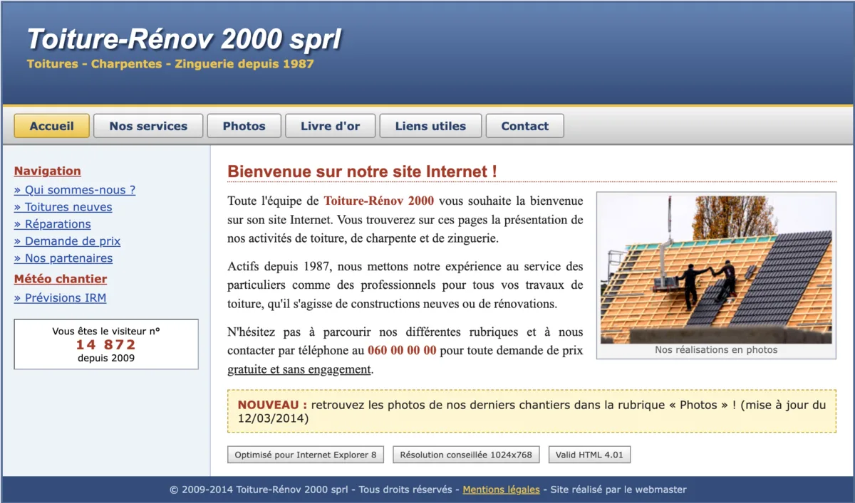 Capture d'un ancien site internet de couvreur, mise en page des années 2000