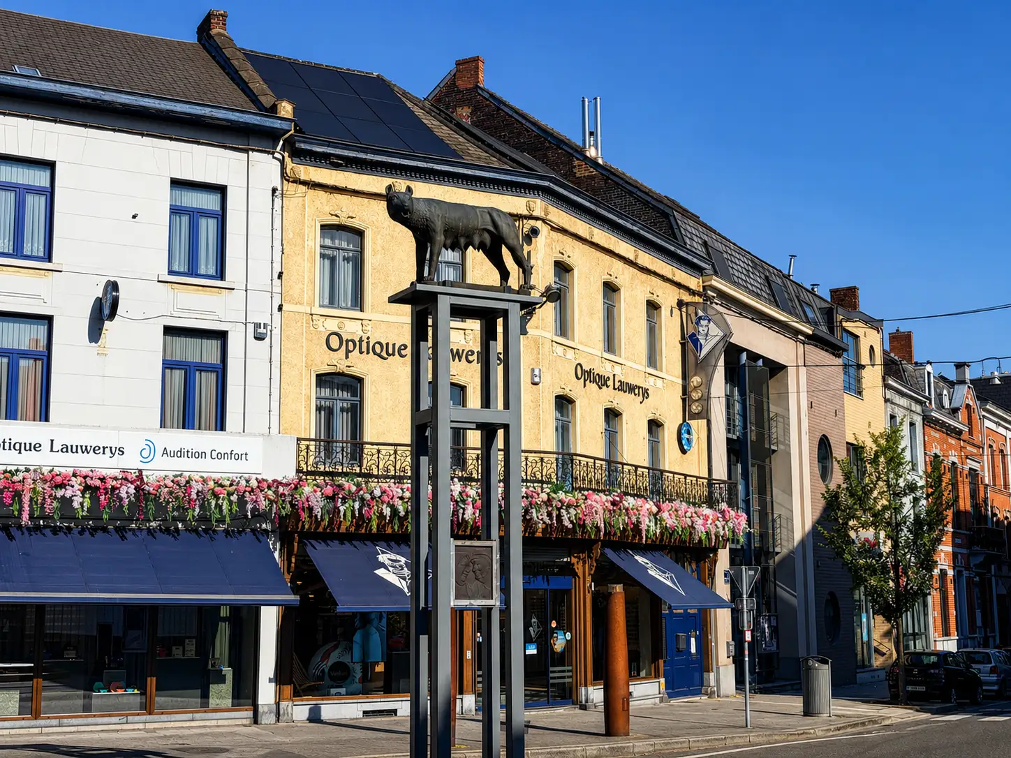 Rue commerçante fleurie du centre de La Louvière